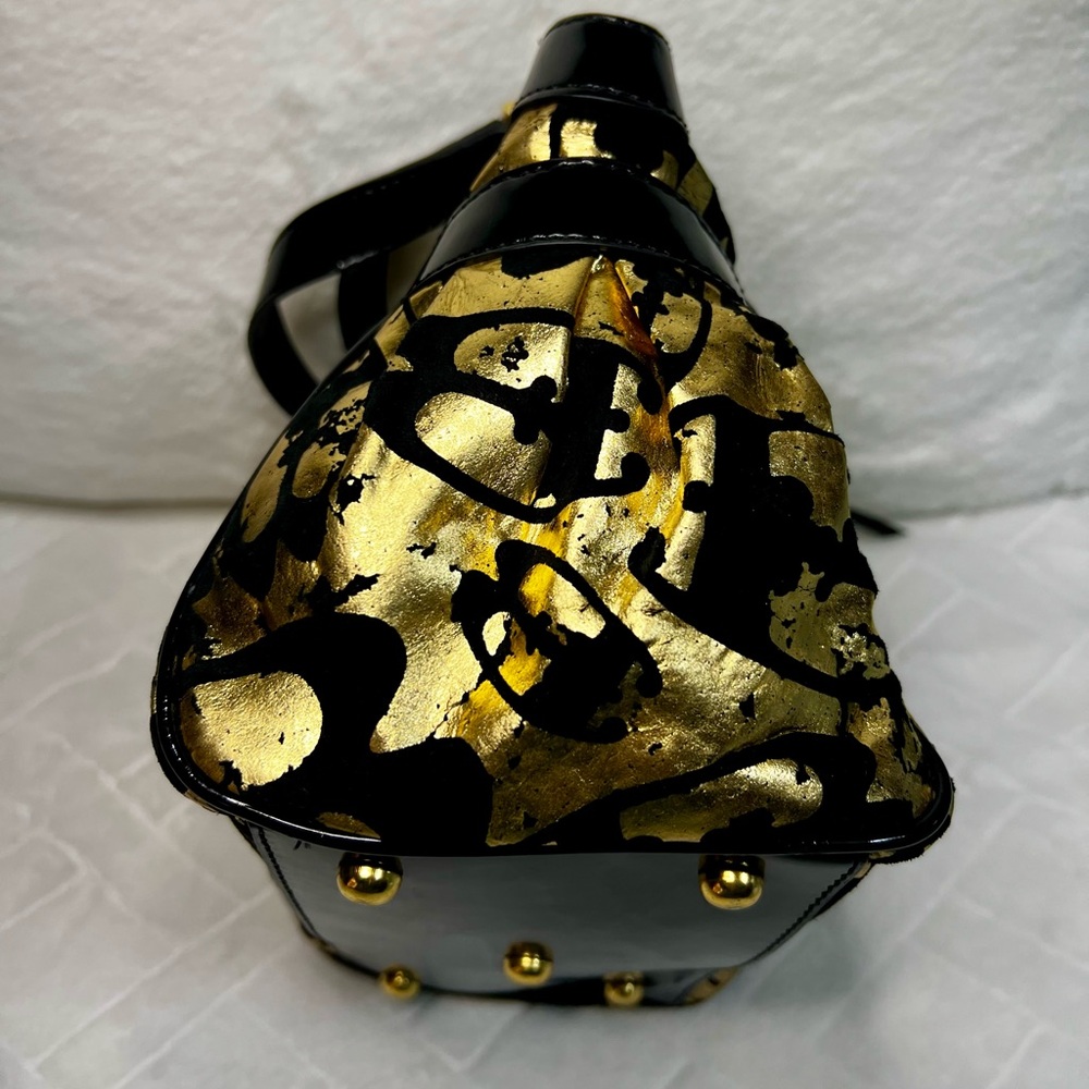 BRACCIALINI BLACK PATENT LEATHER AND GOLD HANDBAG MADE IN ITALY EUC - Picture 6 of 11